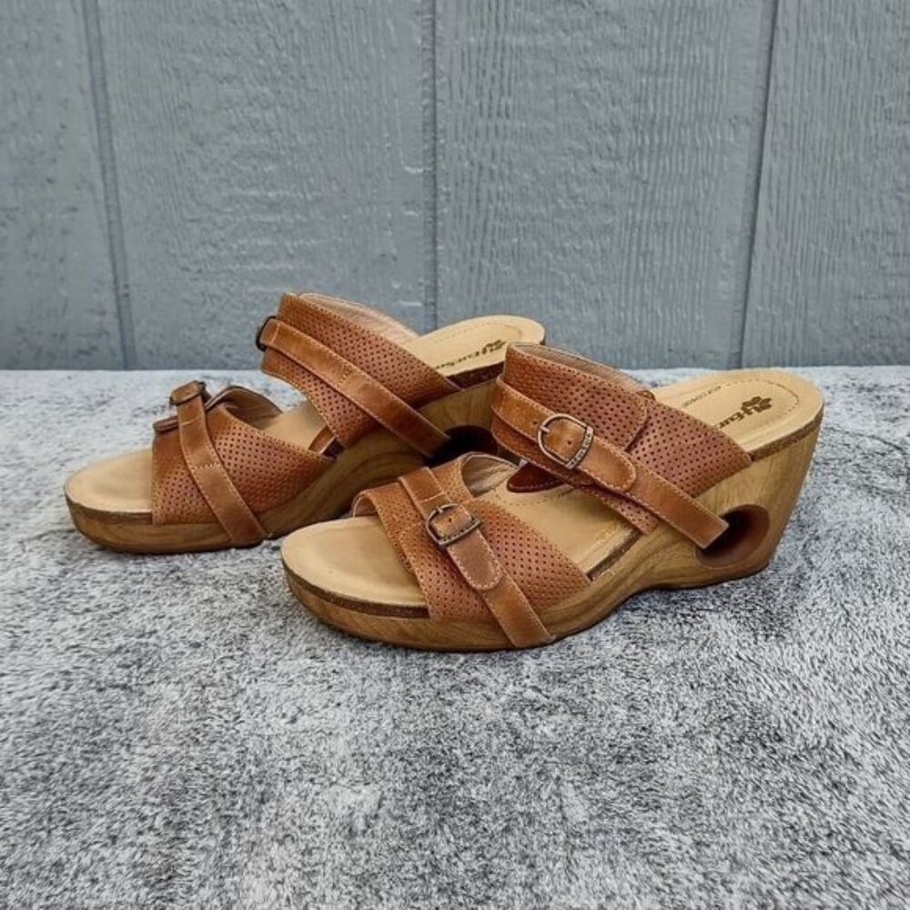 4EurSole Platform Wedge Slide Sandals Brown & Tan 8M Slip On Buckle Accent